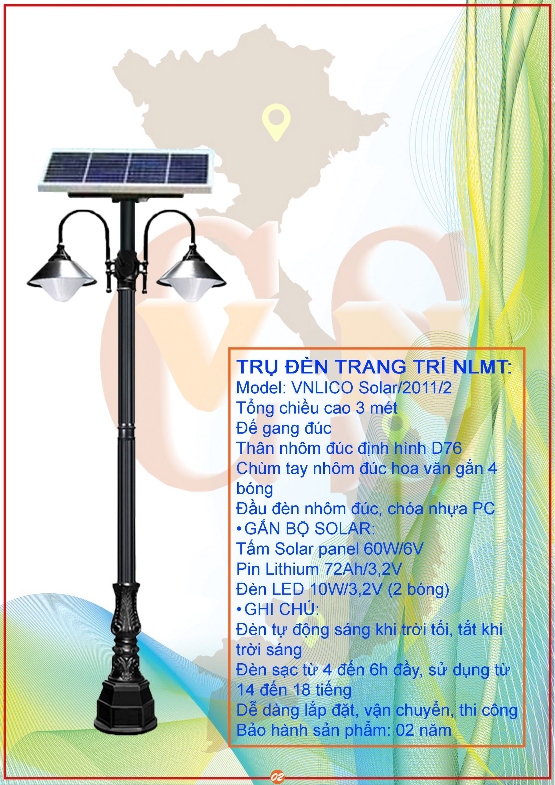 Trụ đèn trang trí năng lượng mặt trời VNLICO SOLAR/2011/2 Trụ đèn trang trí năng lượng mặt trời VNLICO SOLAR/2011/2